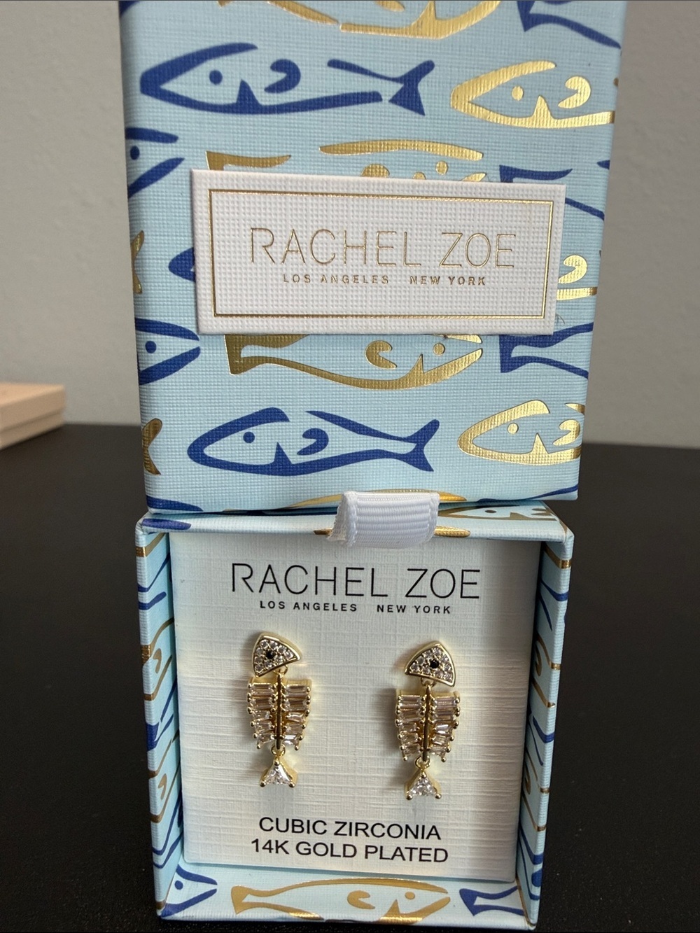 Rachel Zoe | Gold Tone Fishbone Cubic Zirconia Dangle Earrings